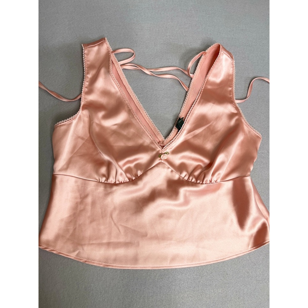 Satin Lace‎ Trim Tie Back Cami Tank Top Peach Pink Y2K Coquette Fairy